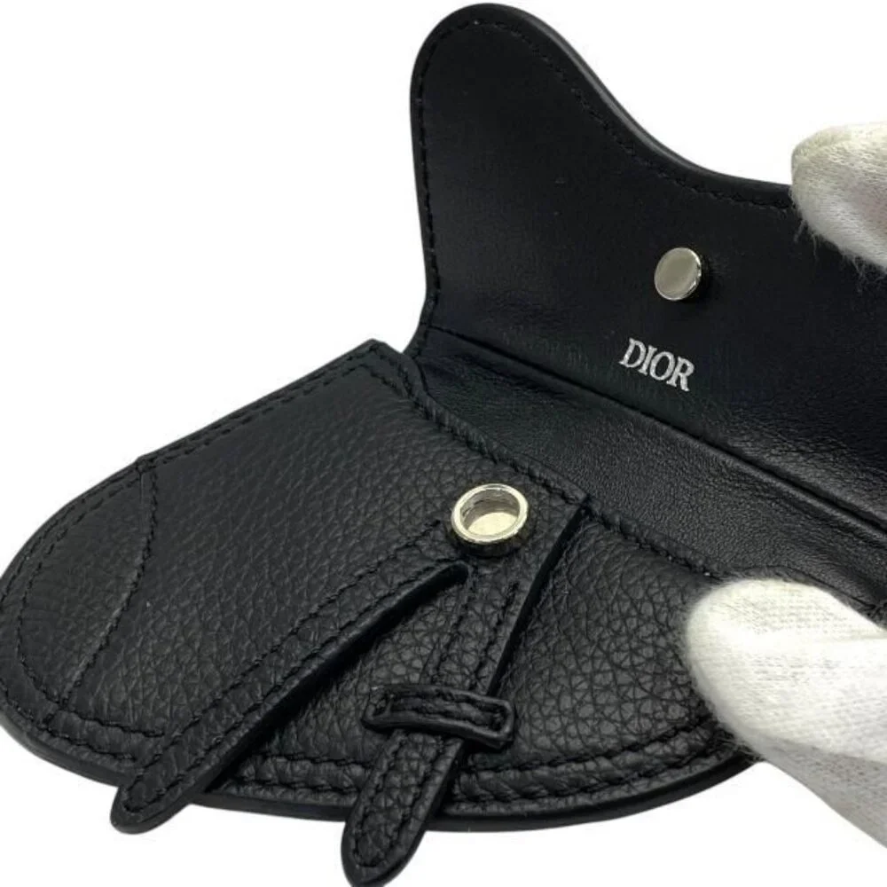 Christian Dior Saddle Pouch Mini Accessories Coin Case Fold Logo Leather Black